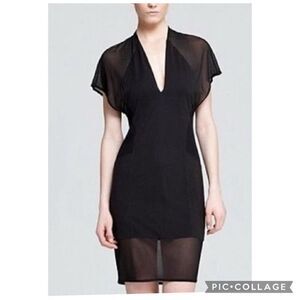 Helmut Lang v neck sheer panel fitted LBD mini dress petite